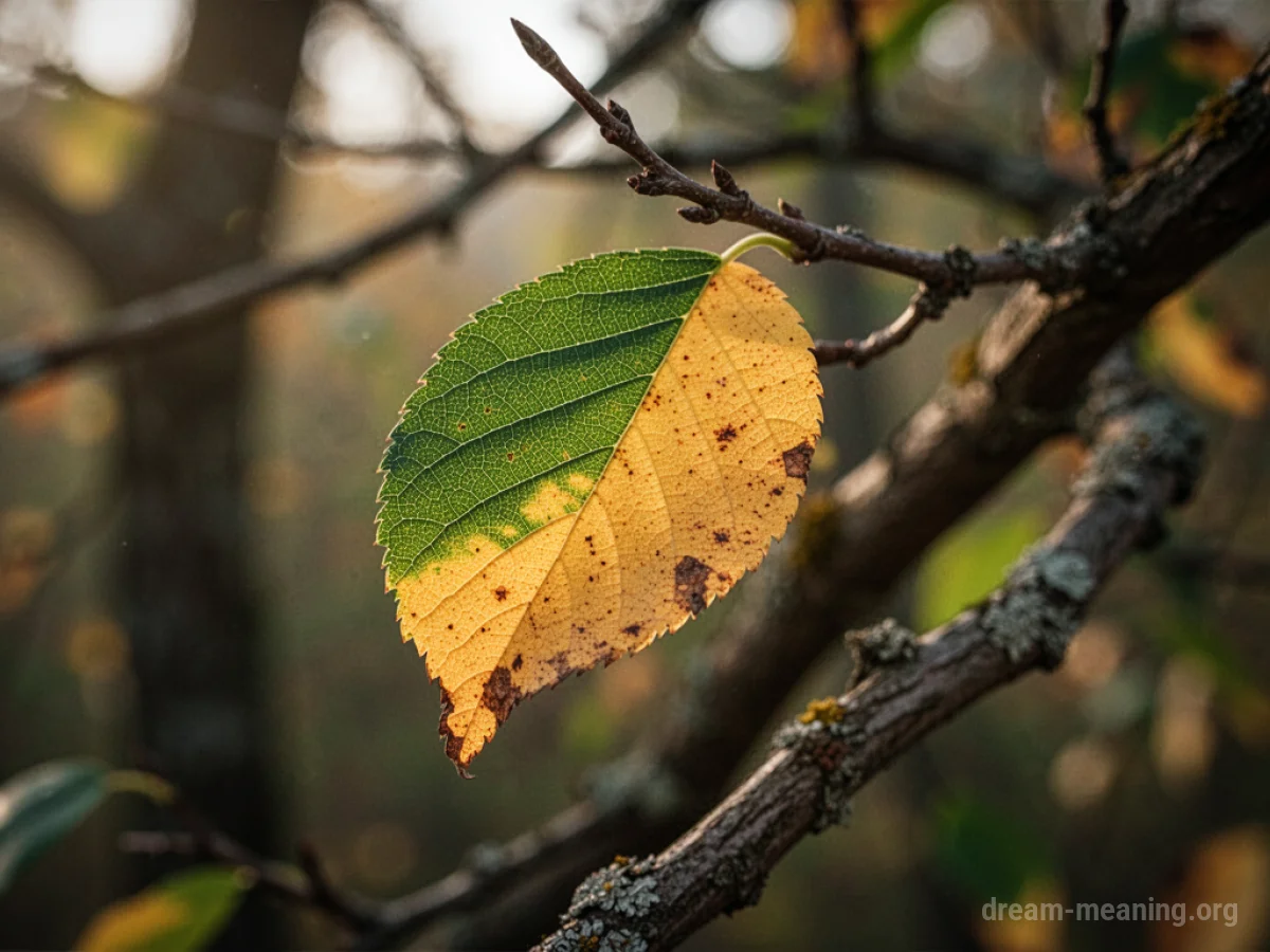 A single leaf transitioning from green to golden yellow on a tree branch.