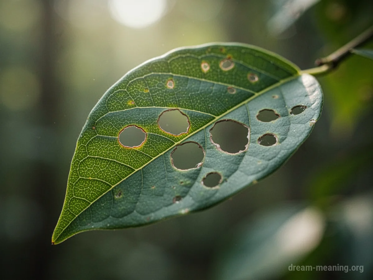 A green leaf with visible circular holes.