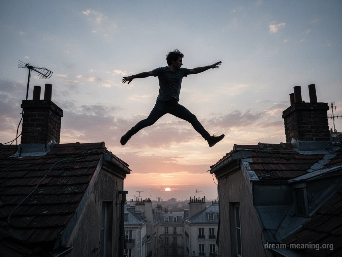 Silhouette of a person mid-leap between two rooftops.