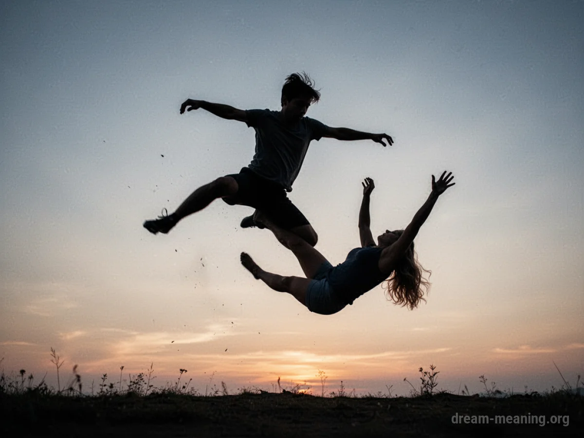 Silhouette of a person in mid-air between a leap and a fall.