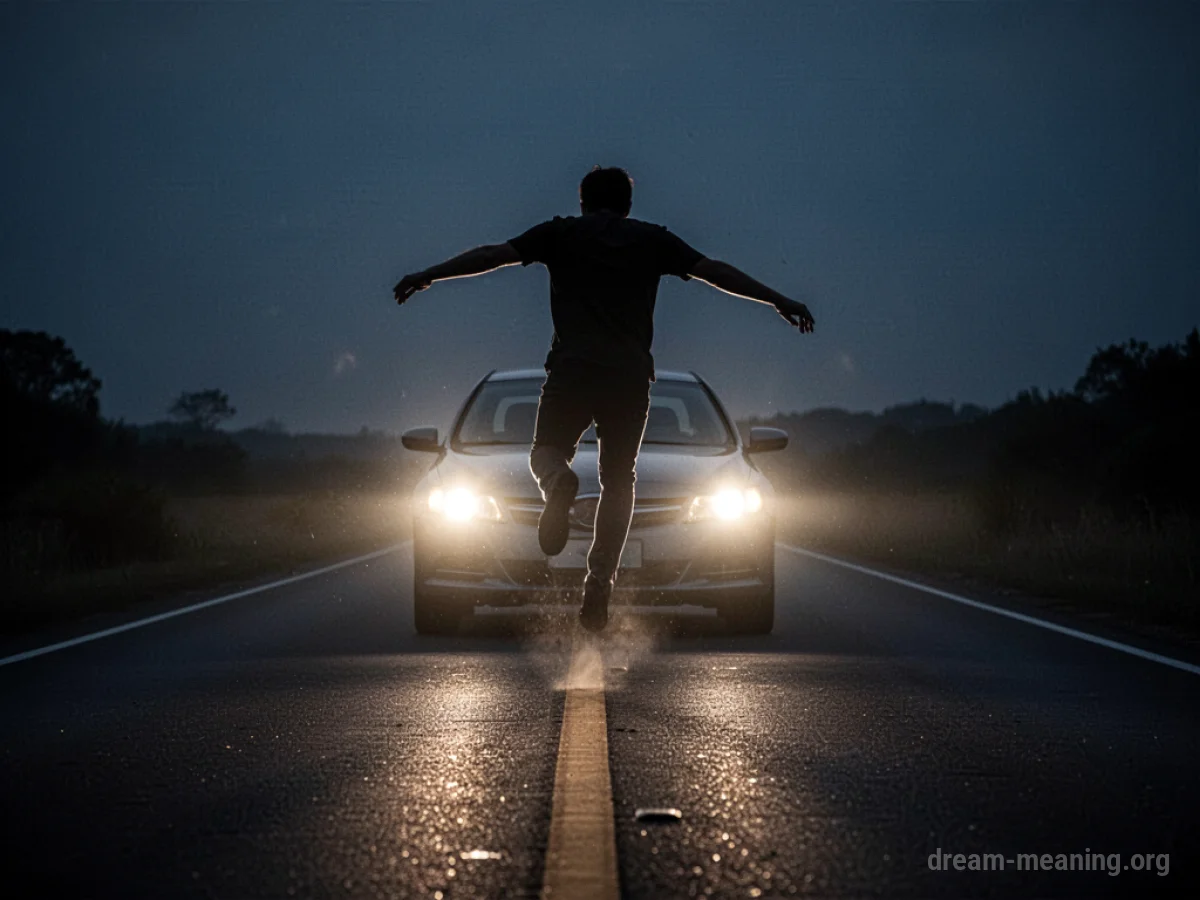 A person leaping to the side as car headlights shine towards them.