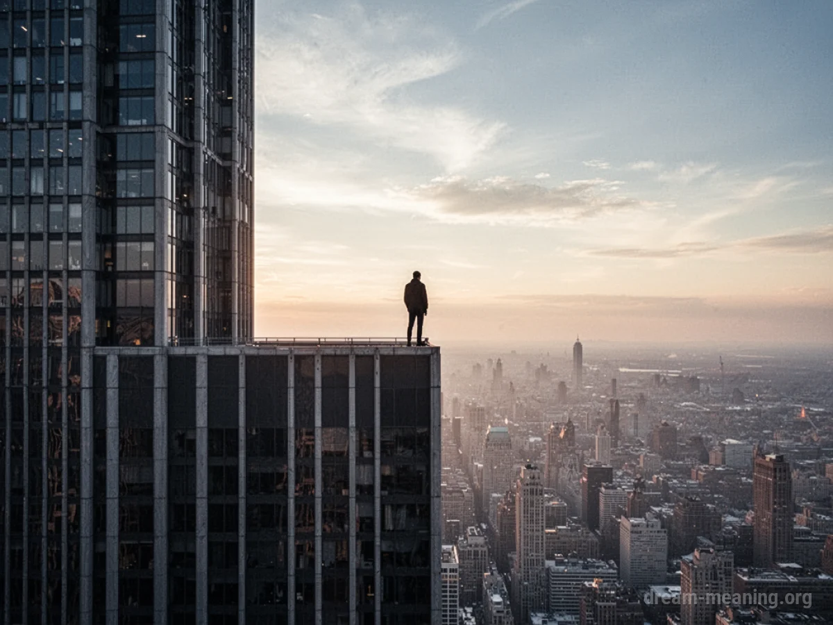 Silhouette of a person on the edge of a tall building looking out.