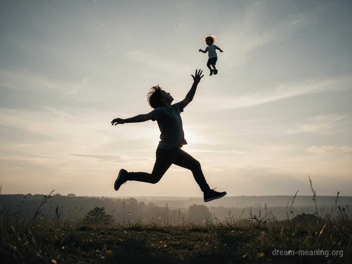 Silhouette of a person jumping high towards a small silhouette of a child.