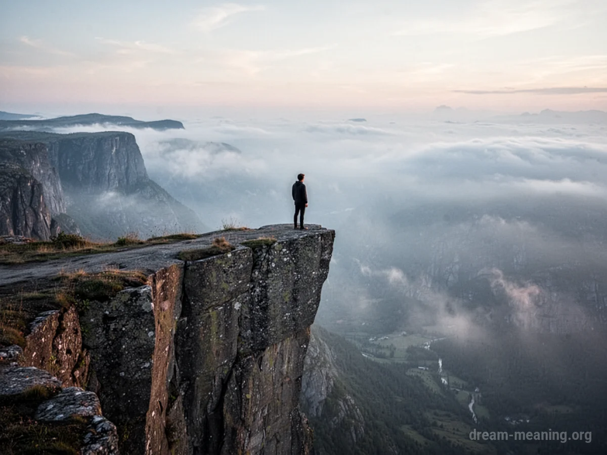 A person stands at the precipice of a tall cliff overlooking a foggy valley.