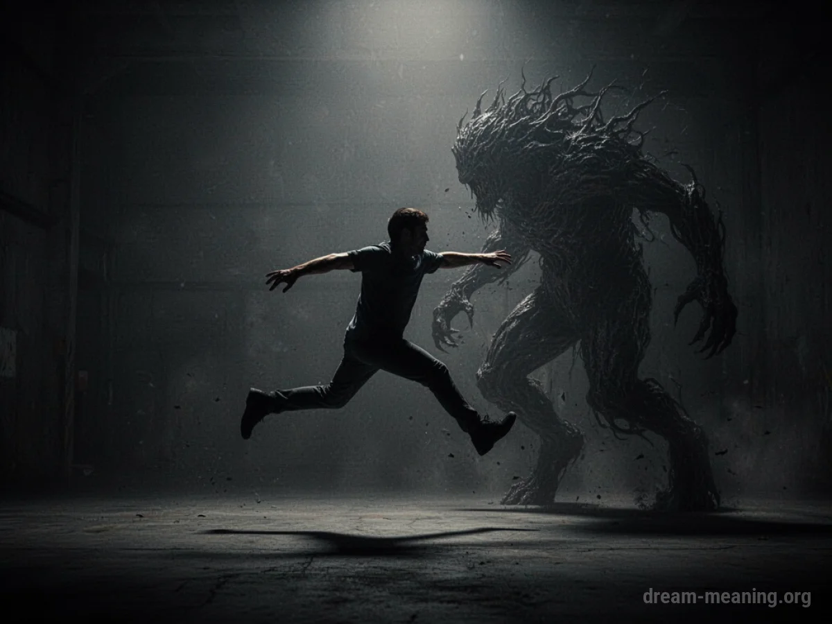 Silhouette of a person jumping away from a dark, shadowy figure.