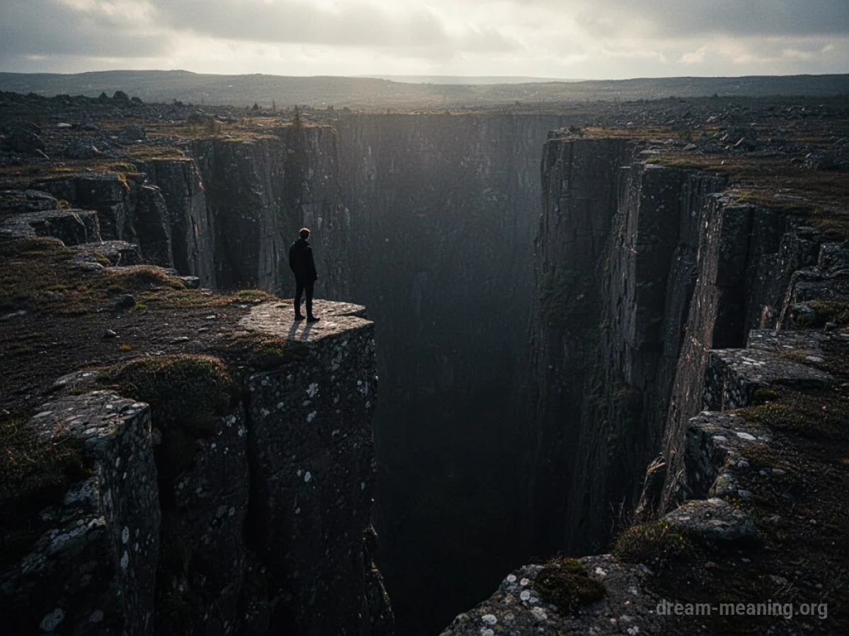 A silhouette at the edge of a dark, deep chasm.