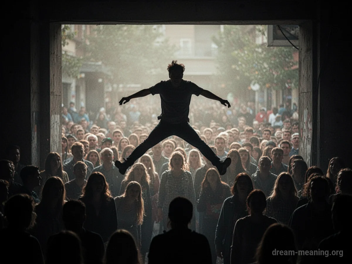 A person leaping towards a large group of people.