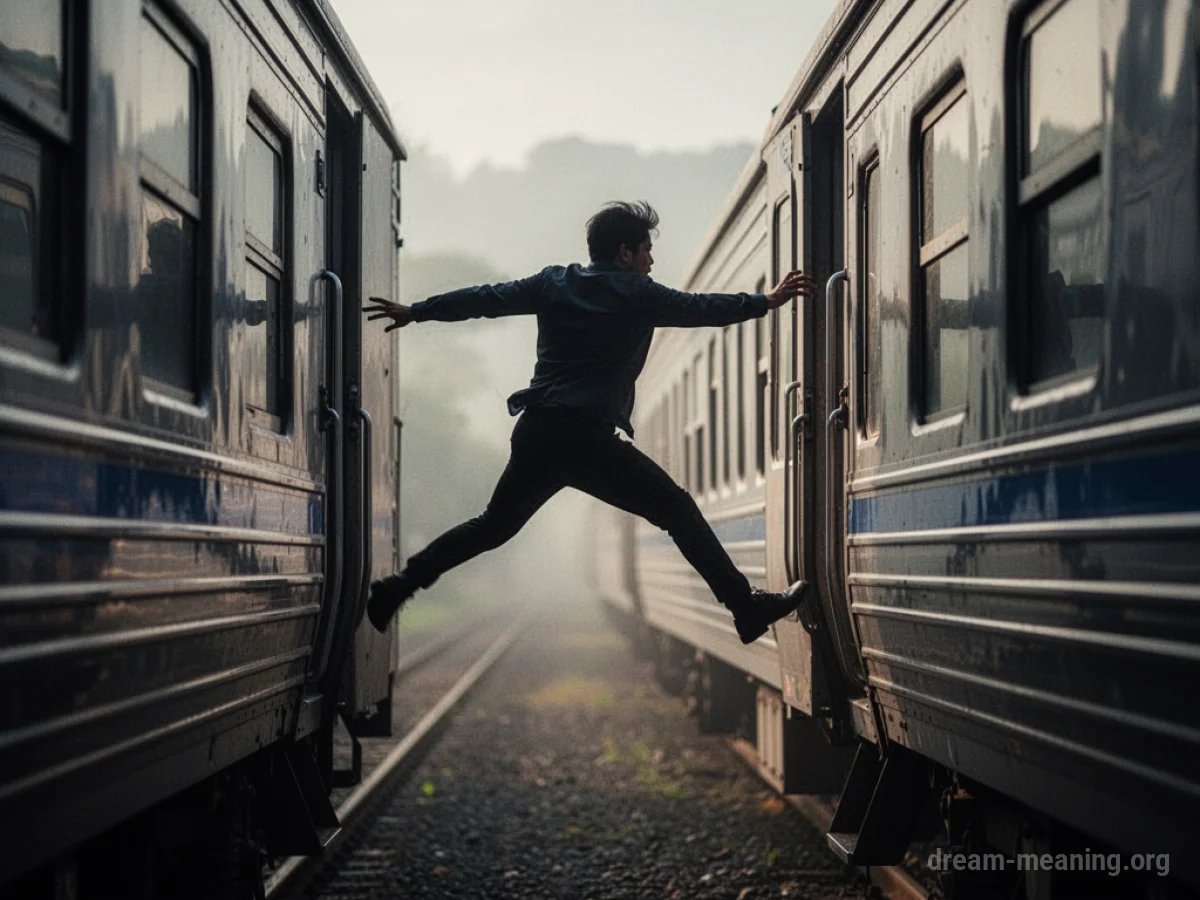 Silhouette of a person jumping onto a moving train.