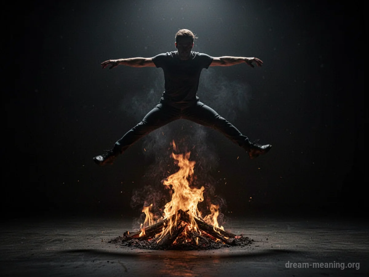 Silhouette of a person jumping over a fire.