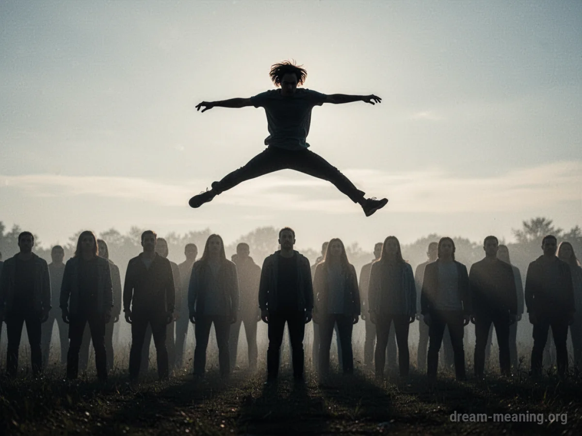 Silhouette of a person jumping over a row of shadowy figures.