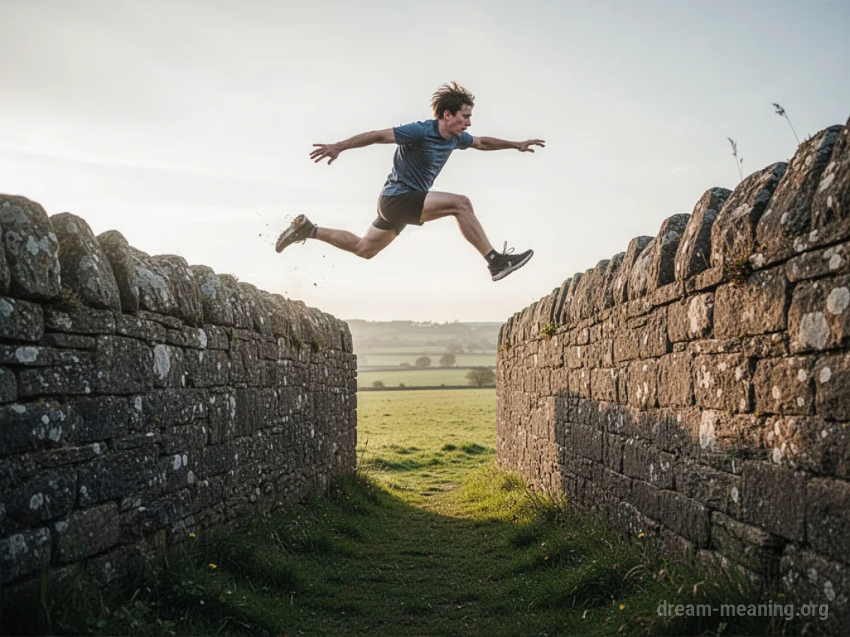 A person mid-leap over a stone wall into an open field.