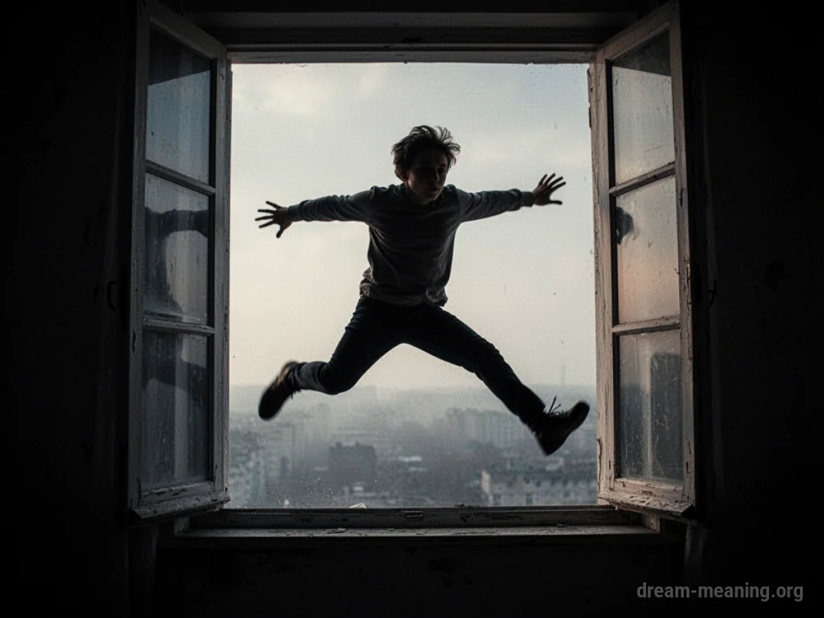 Silhouette of a person jumping from a window.
