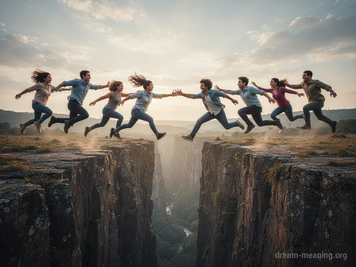 Silhouettes of several people leaping across a gap towards one another.