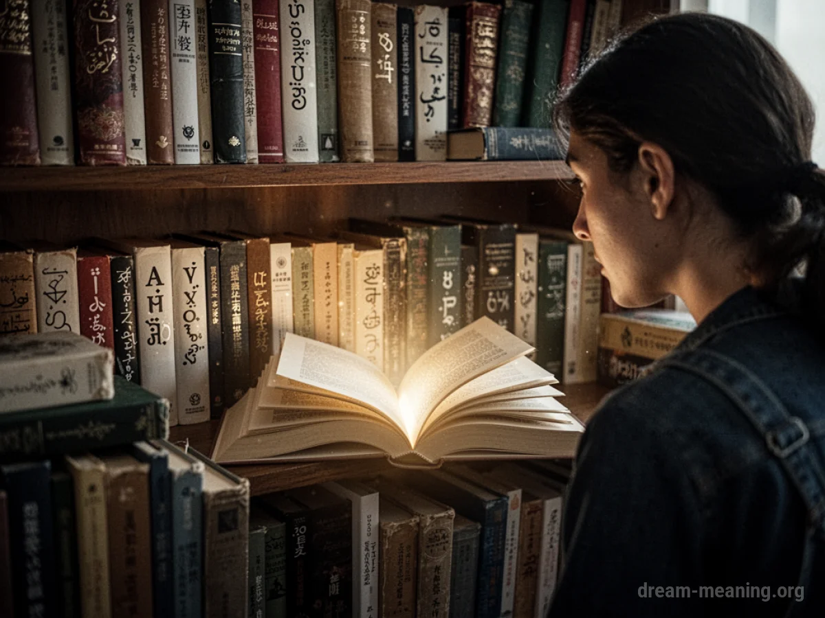 A person contemplates an open book with glowing text and various other books with different scripts.