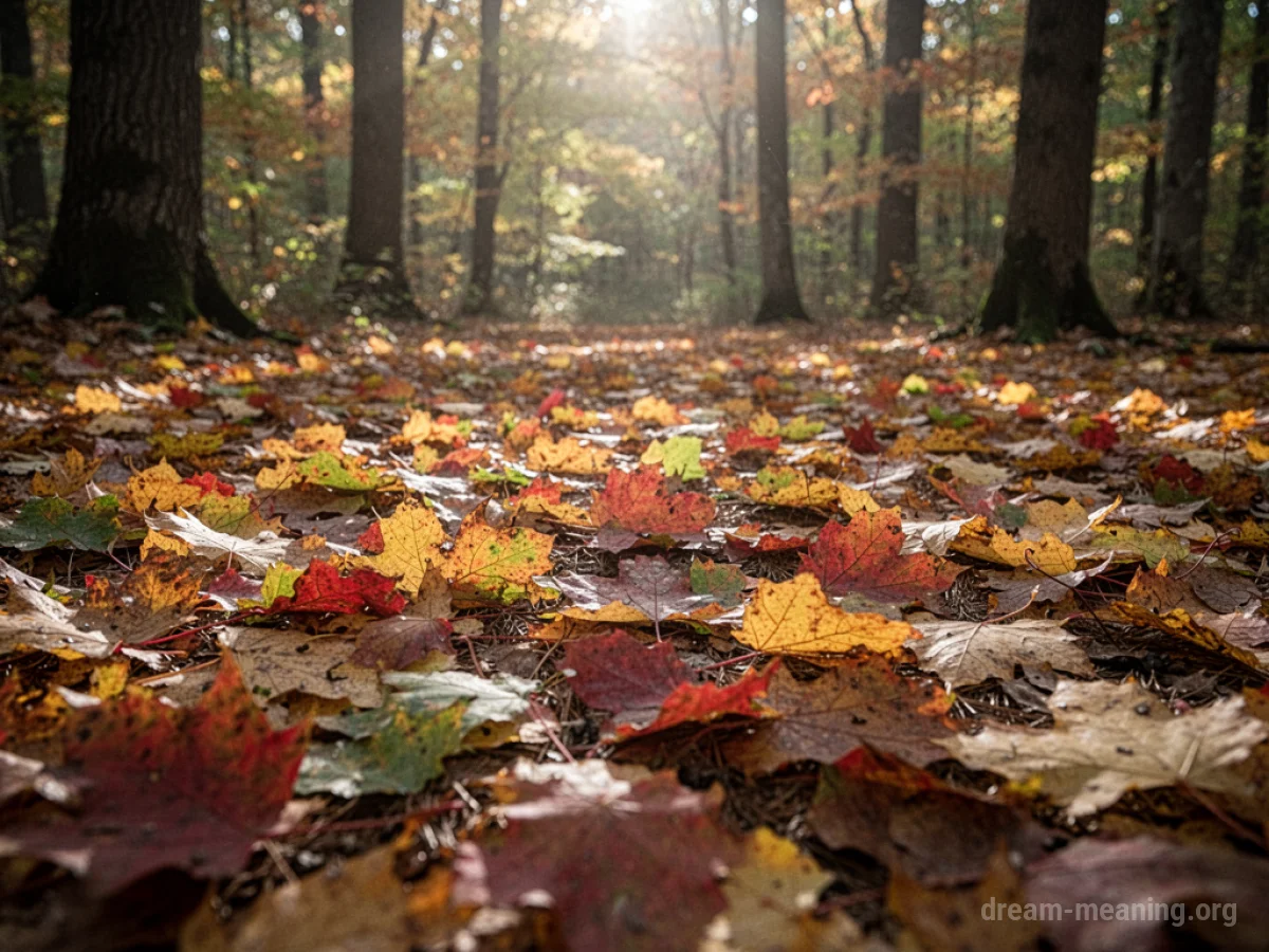 A thick layer of fallen leaves blanketing the ground in a forest.