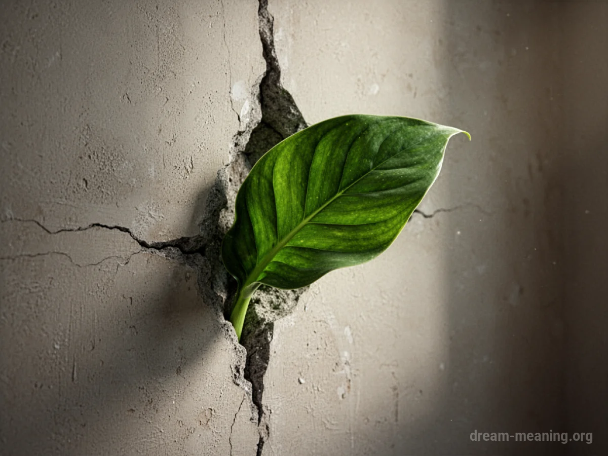 A single green leaf emerging from a fissure in a beige wall.