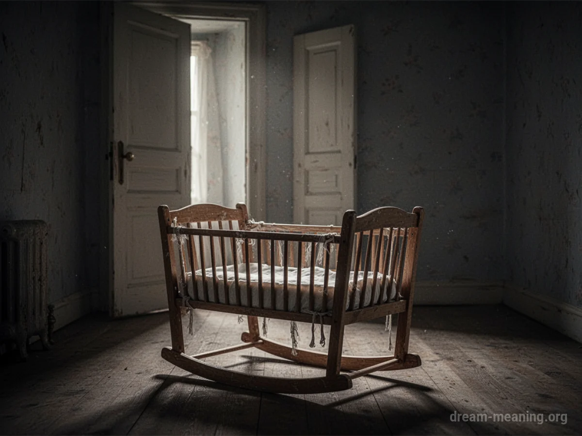 An empty crib in a dark room with a doorway visible.