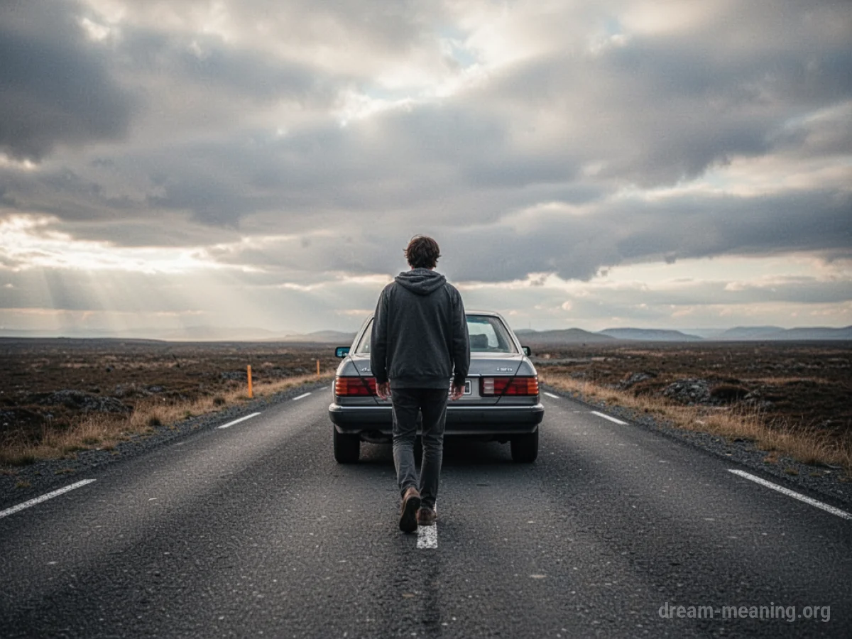 A person walking away from a car on a desolate road.