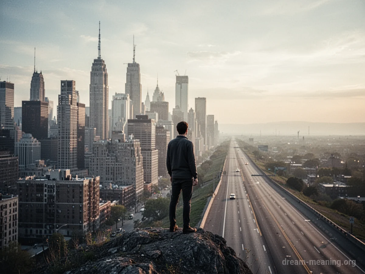 A person stands at the edge of a city overlooking a road stretching into the distance.