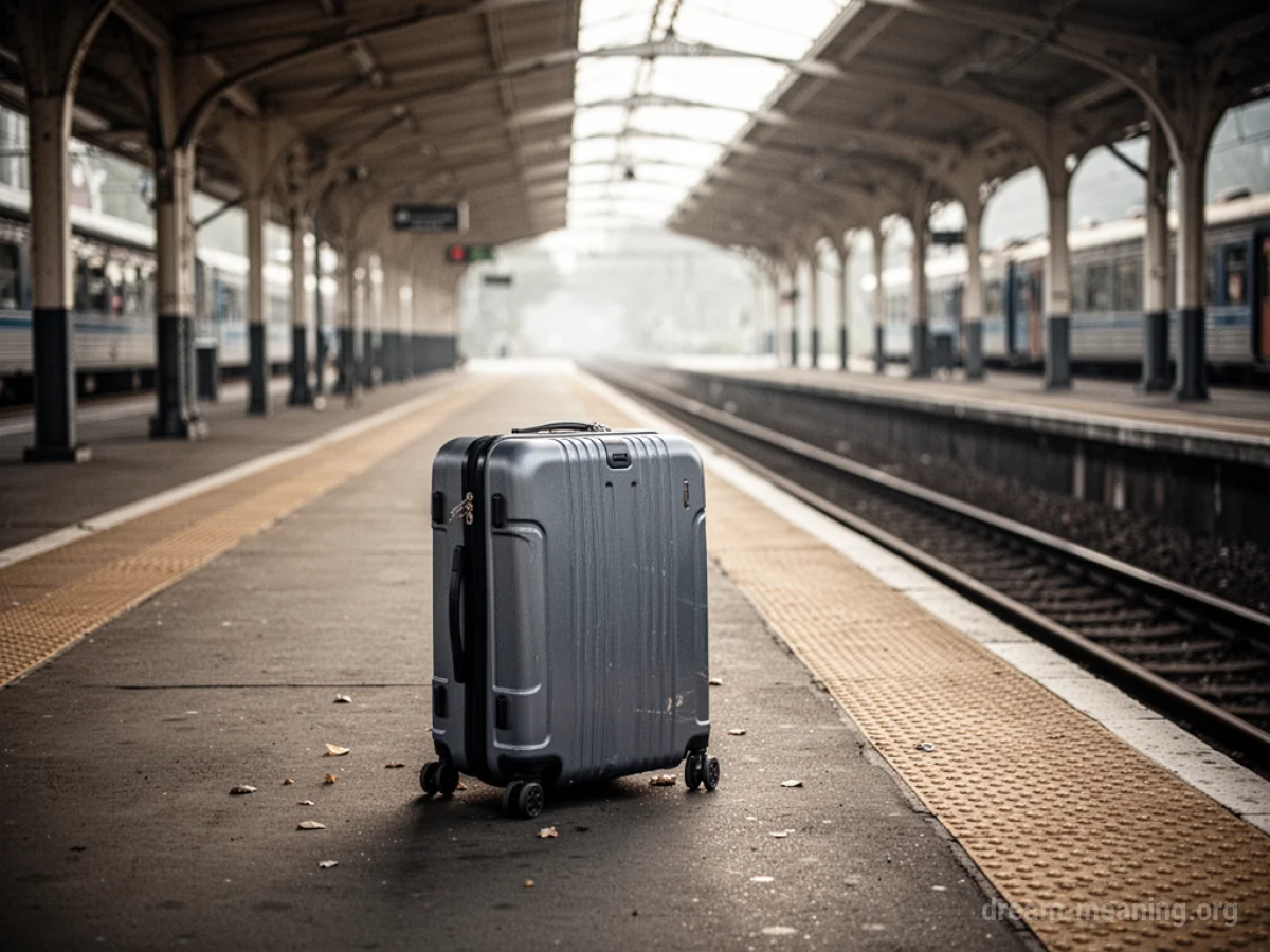 A solitary suitcase resting on a concrete train platform.