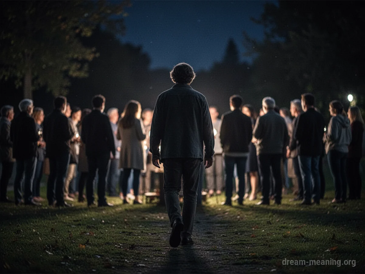 A person walking away from a group of people at a party.