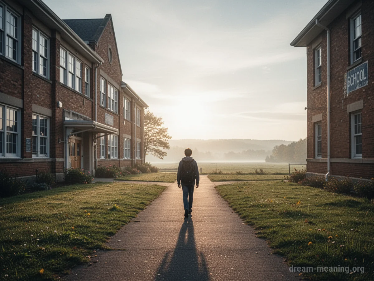 A person walks away from a school building towards an open horizon.