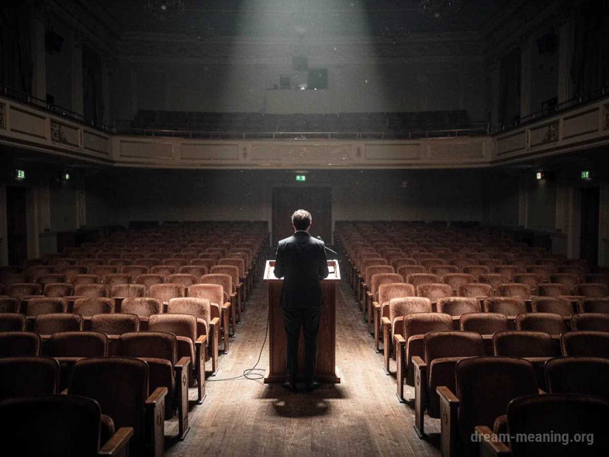 A single person stands at a podium in a dark, empty lecture hall.