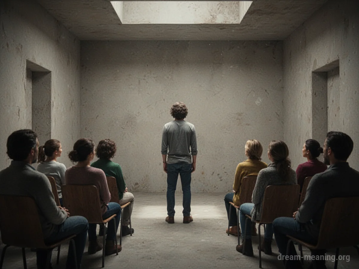 A single figure addresses a group in an odd, unadorned room.