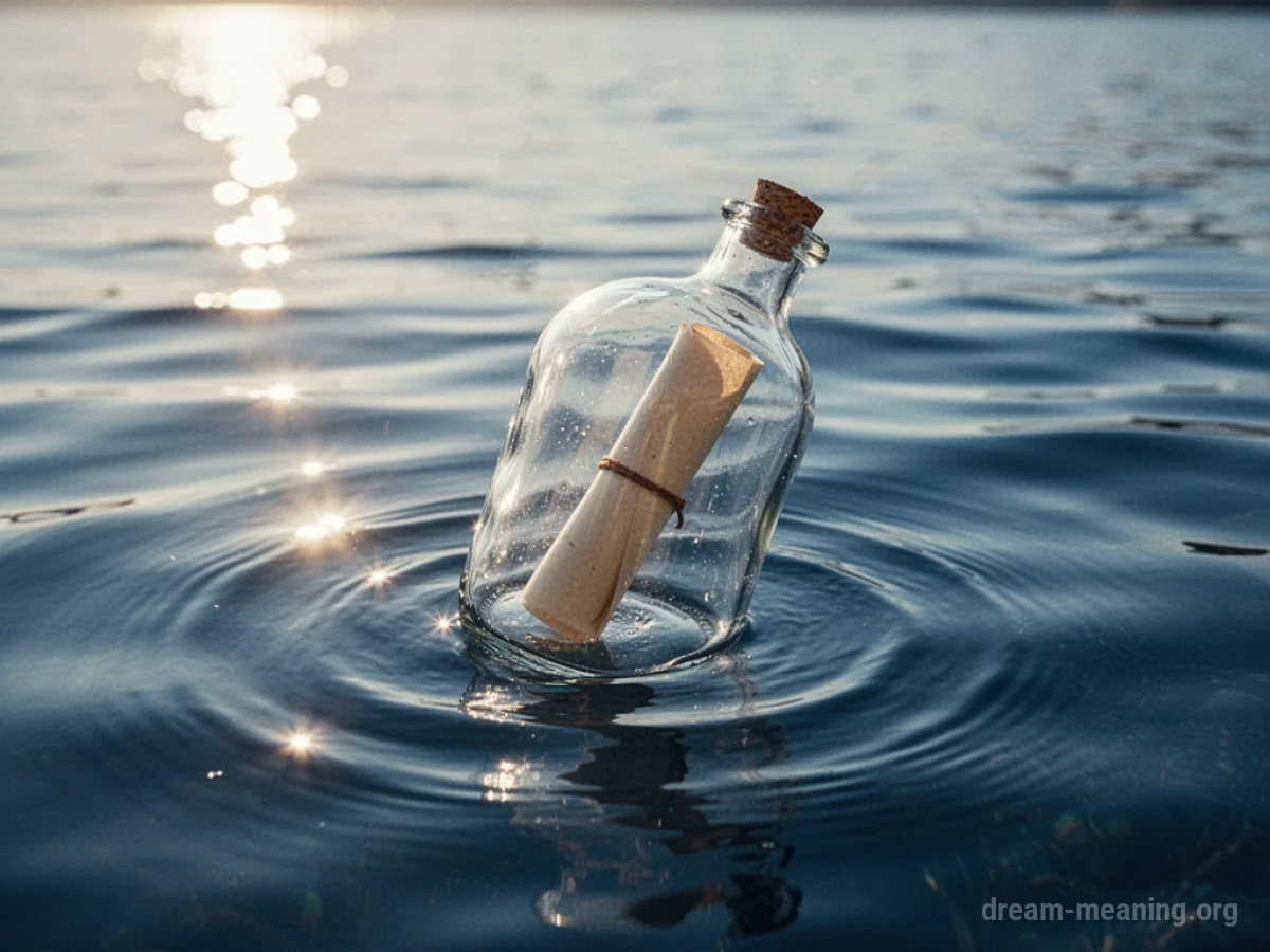 A glass bottle containing a rolled-up scroll, floating on the ocean surface.
