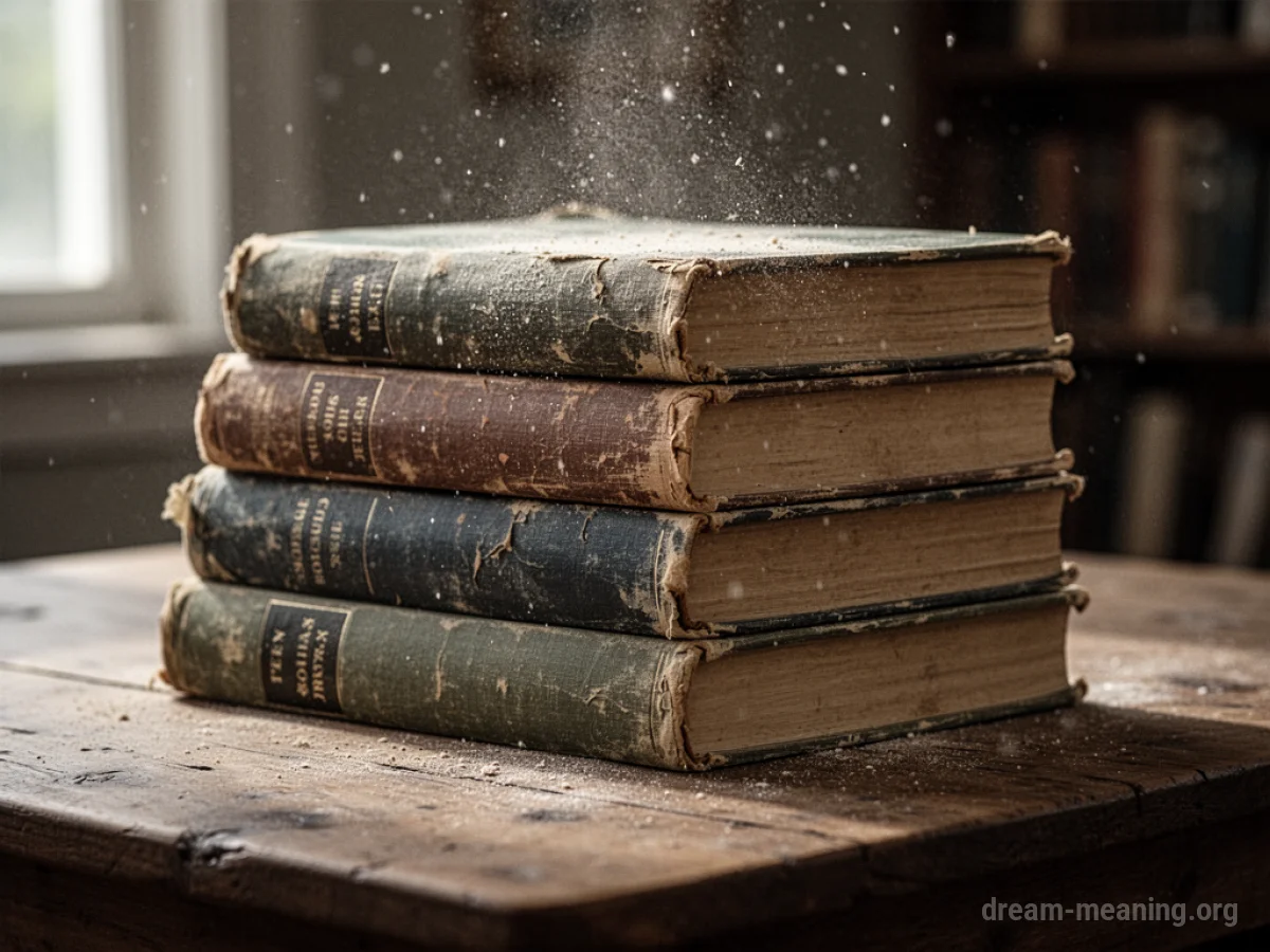 A stack of old library books with dust falling from their pages.