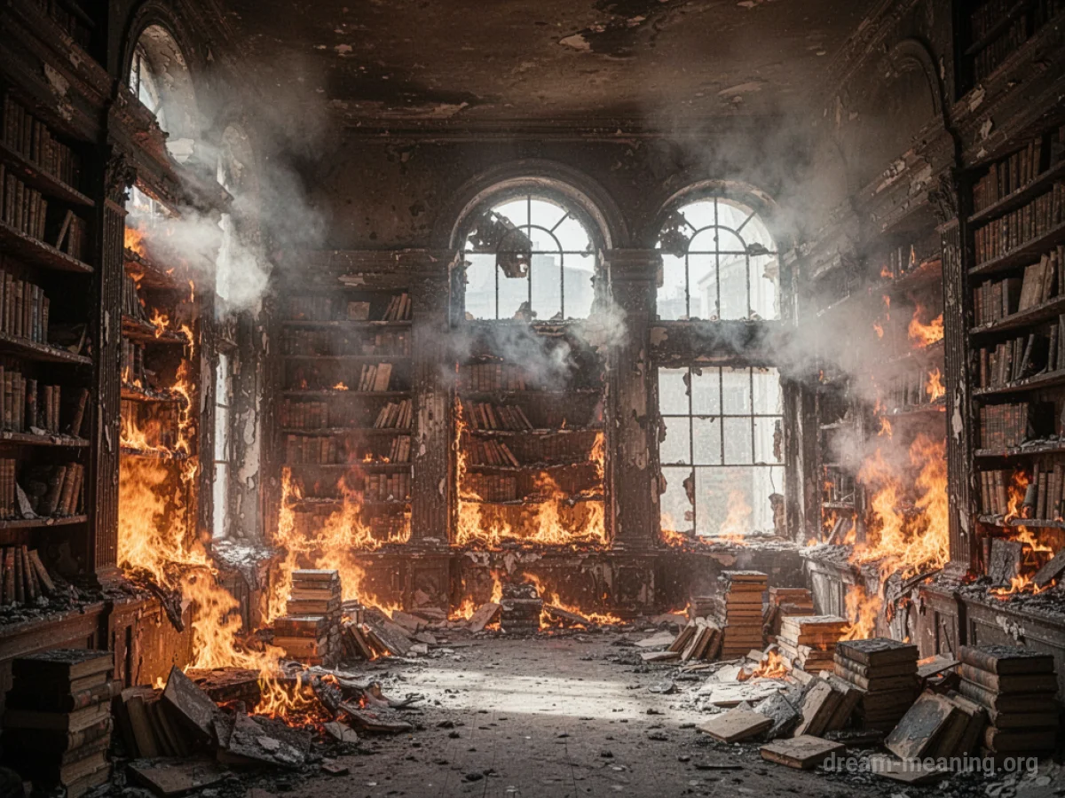 Flames engulfing the interior of a library, with books and wooden shelves burning.
