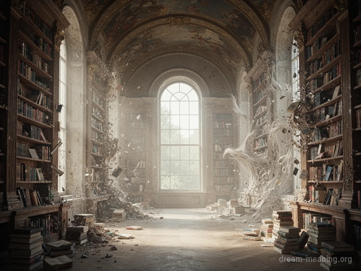 A library interior with bookshelves and books in a state of flux, some parts solid and others appearing to melt or reform.