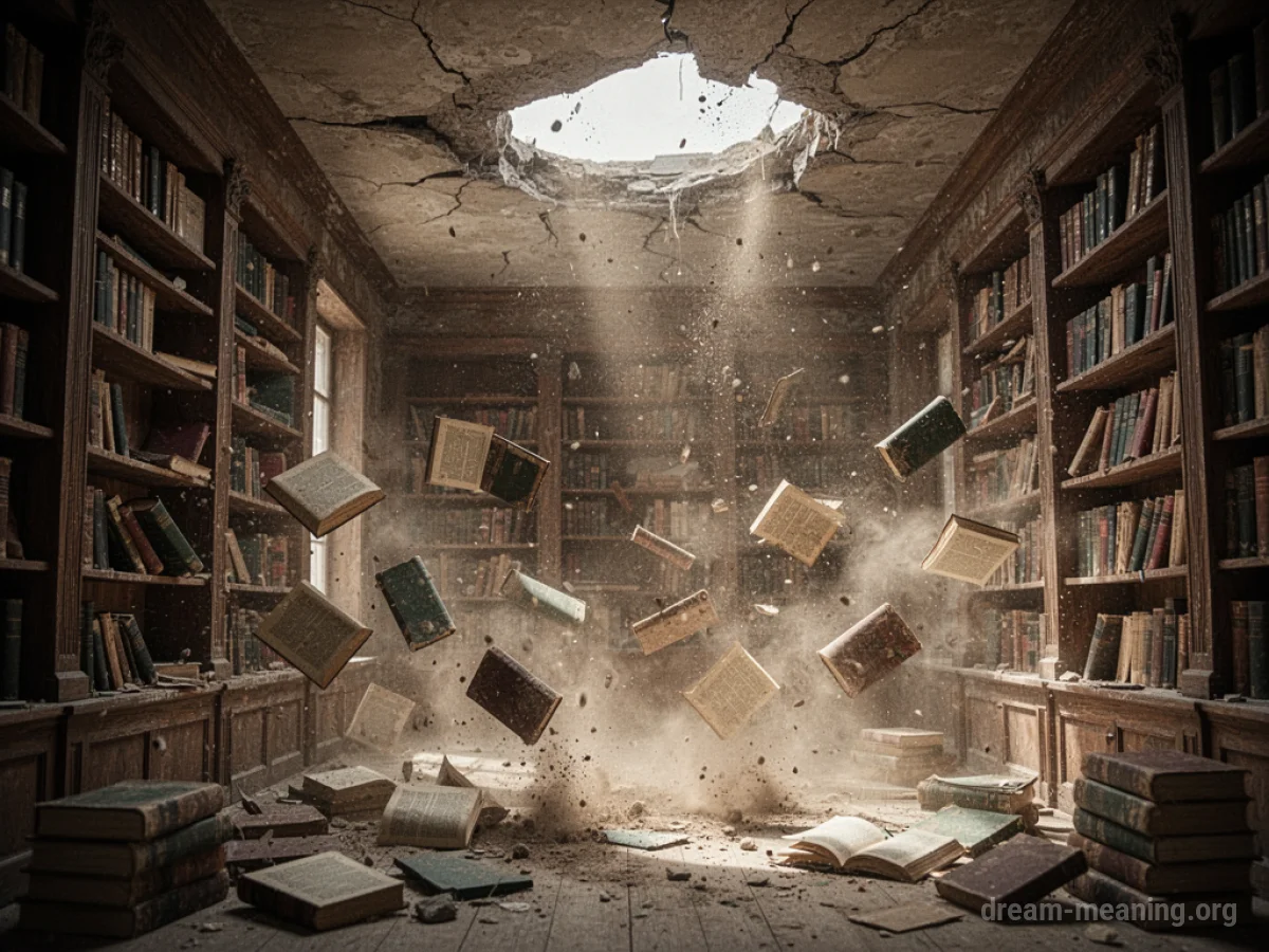A library interior with collapsing shelves and falling books.