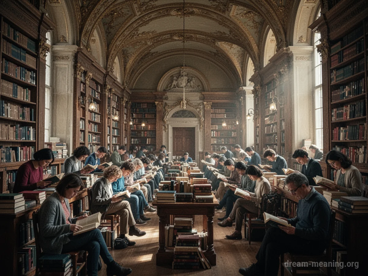 A crowded library with many people reading and looking at books.