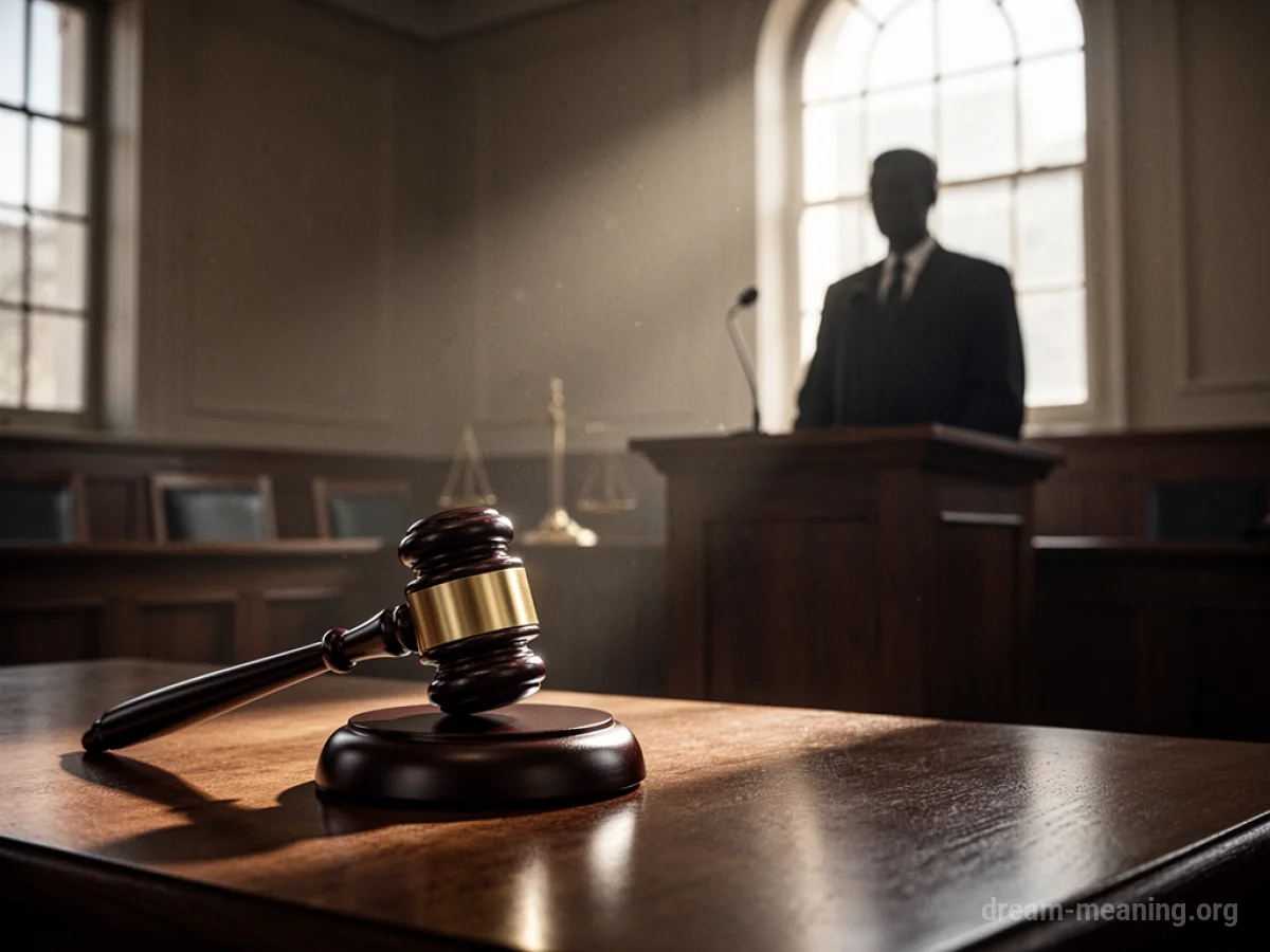 A dimly lit courtroom with a witness stand and a gavel.