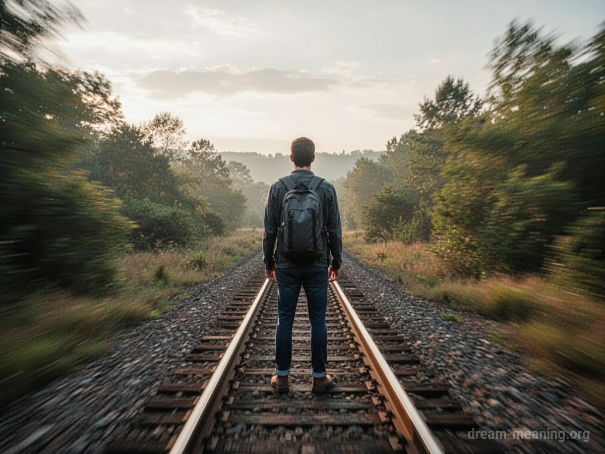A silhouette of a person standing on train tracks as a train speeds past.