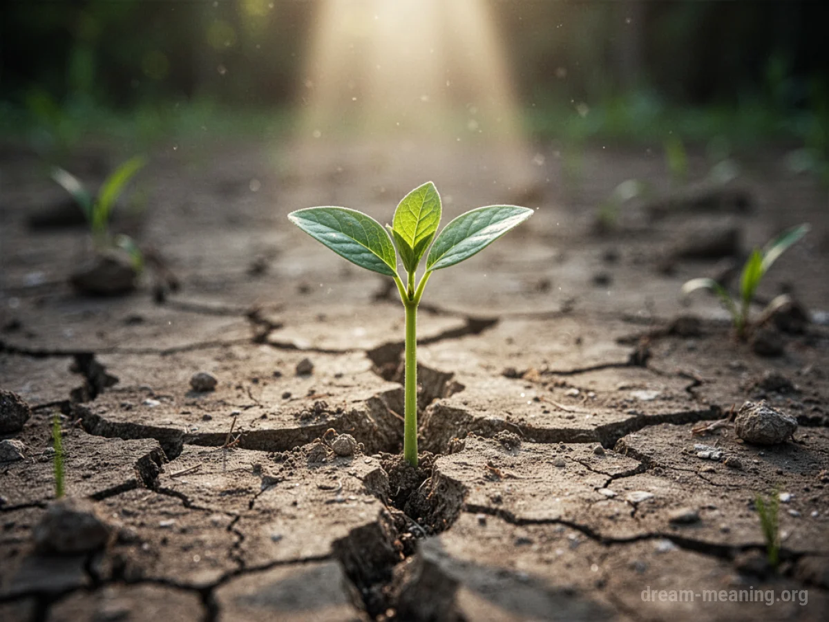 A small green sprout emerging from dry, cracked soil.