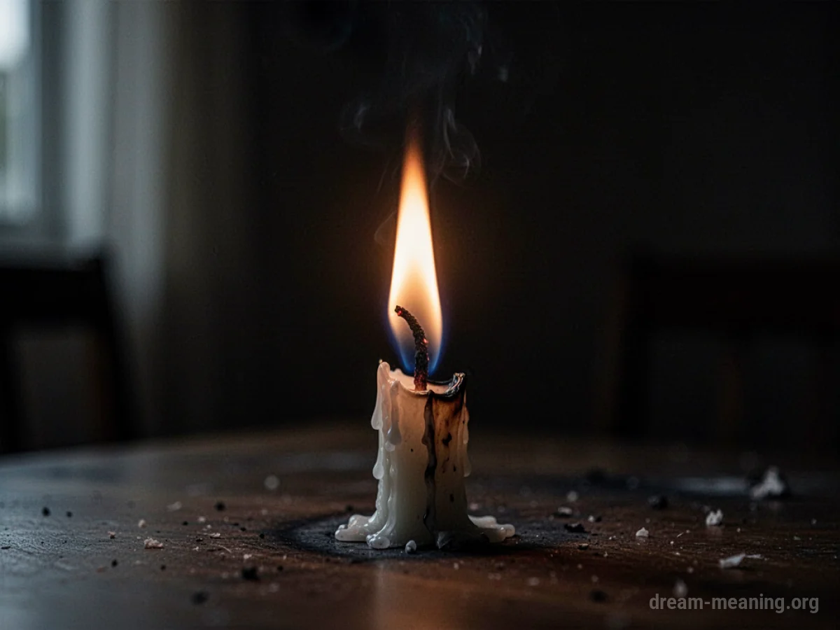 A candle flame going out in a dark room.