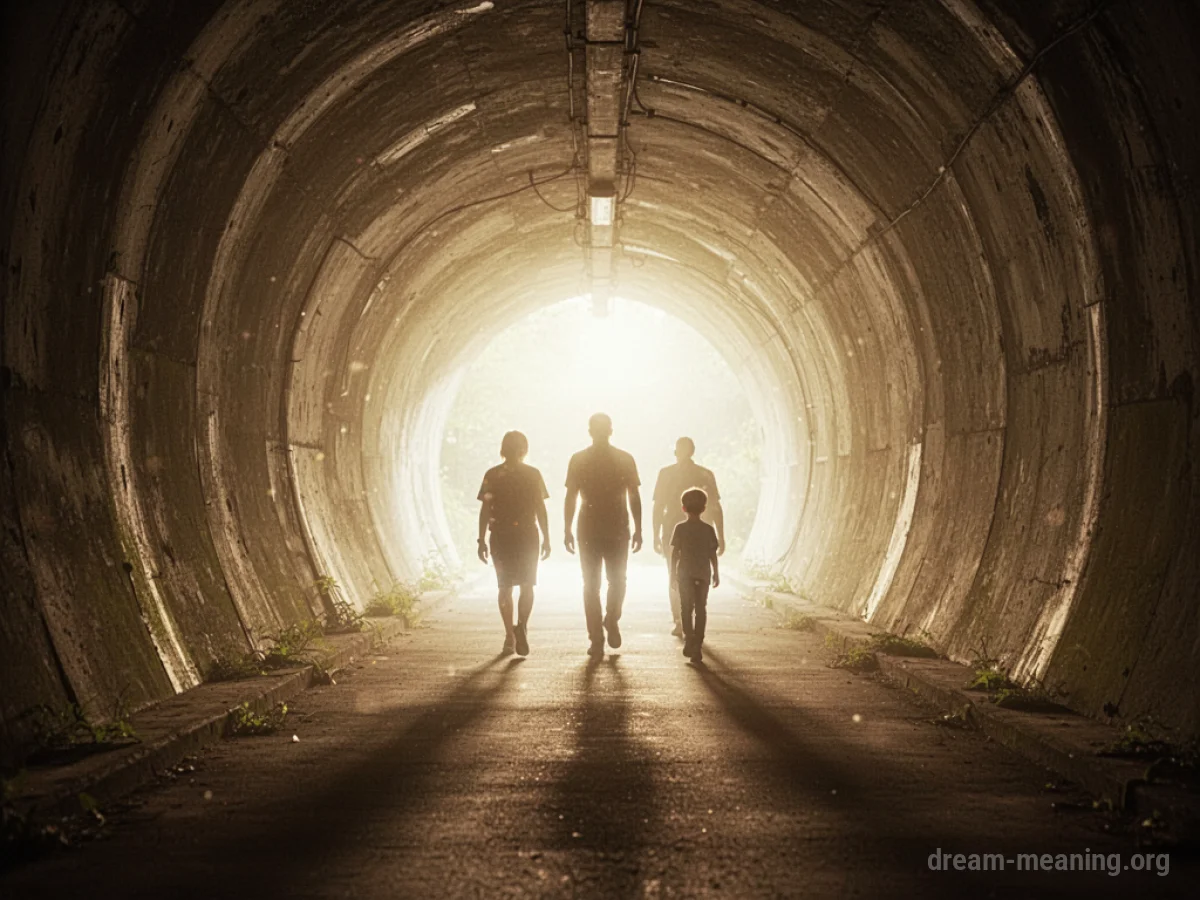 A long tunnel filled with bright light at the far end.