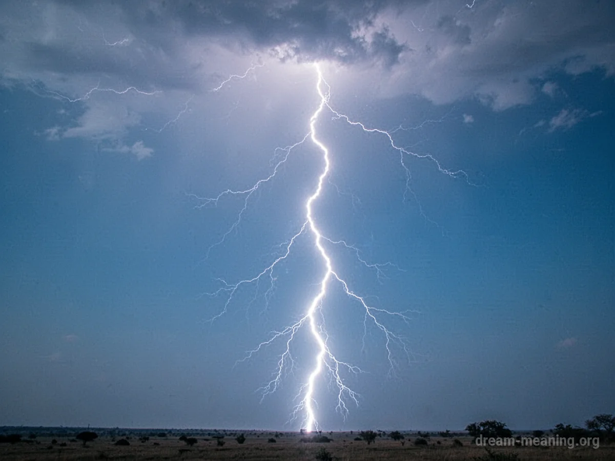 A singular bolt of lightning descends from a cloudless blue sky.
