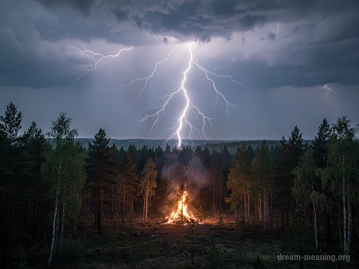A jagged lightning bolt strikes a dark forest, a small fire beginning where it hit.