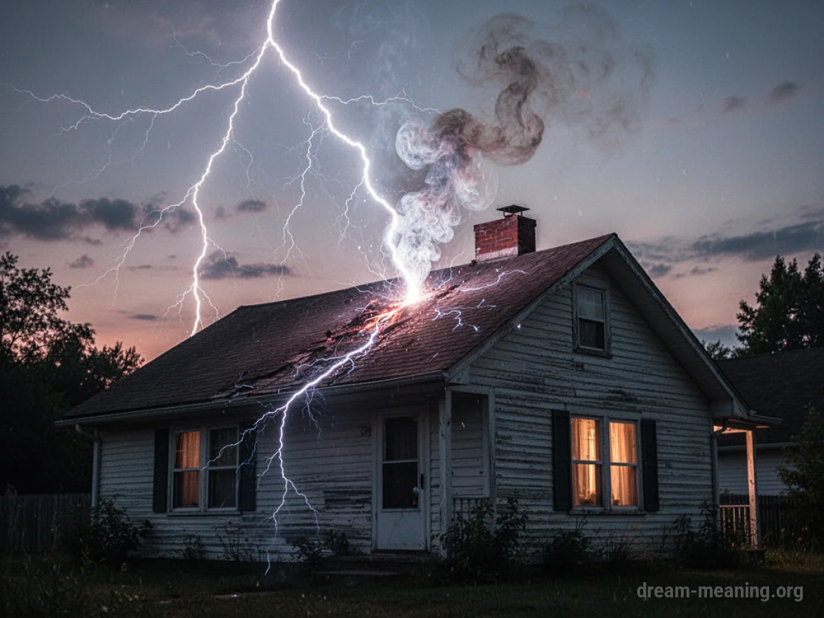 Lightning striking the roof of a house.