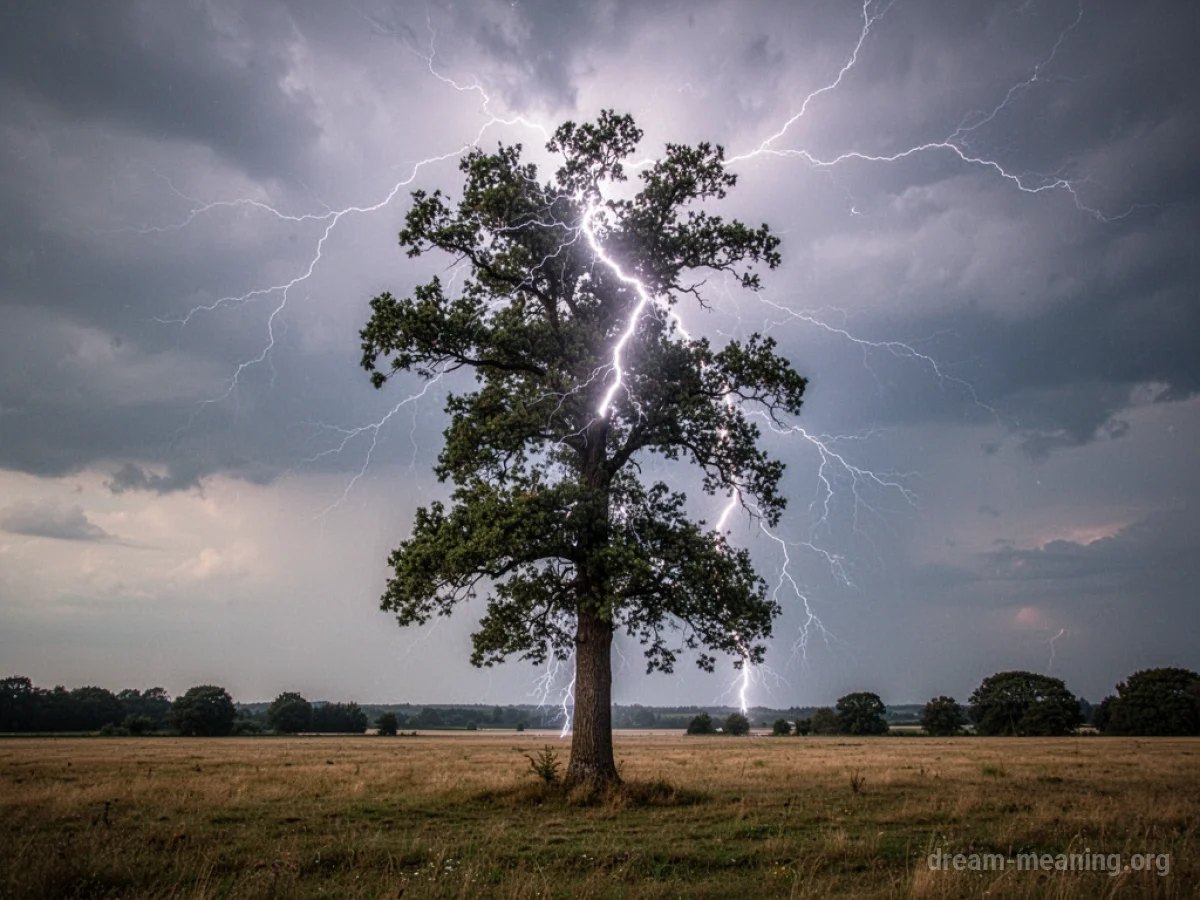 A tree being struck by a bolt of lightning.