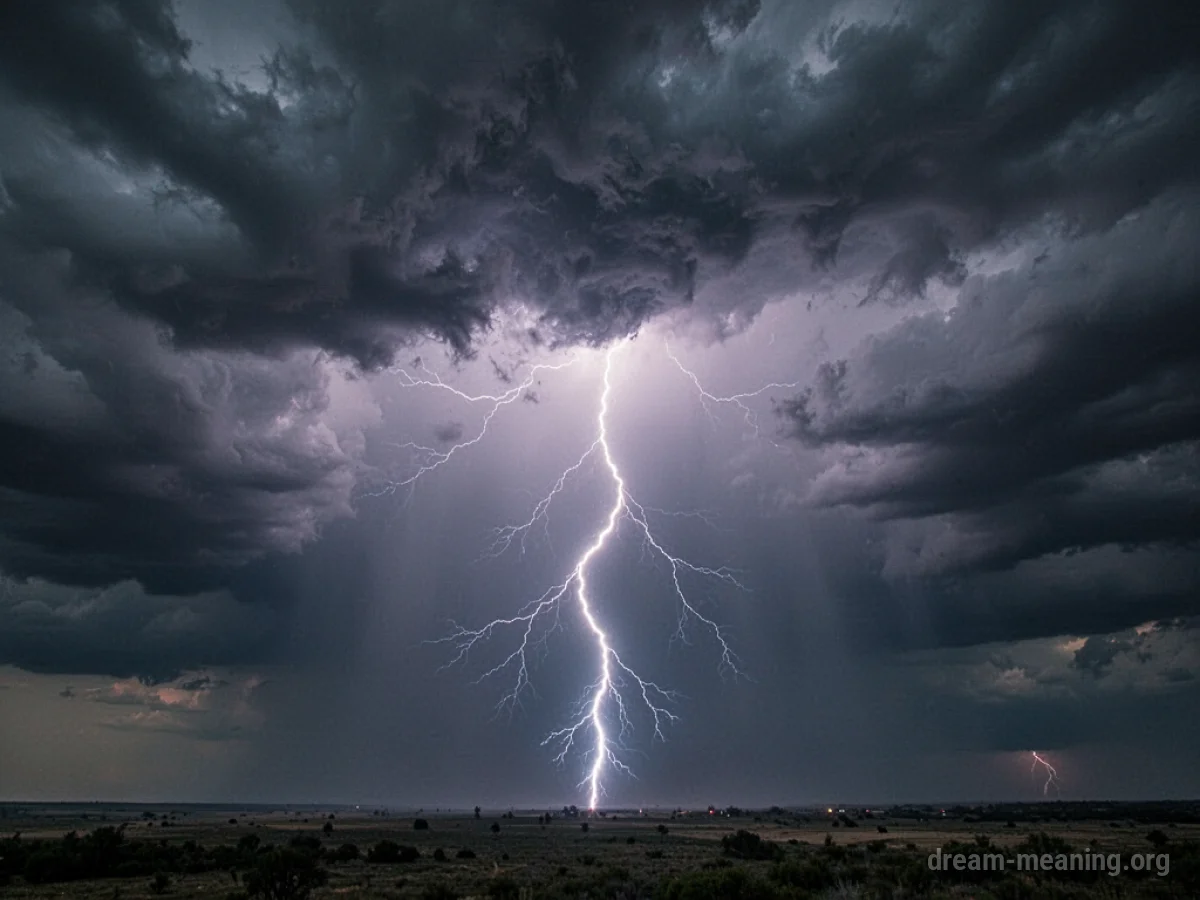 A bright lightning bolt cuts through a dark, cloudy sky.
