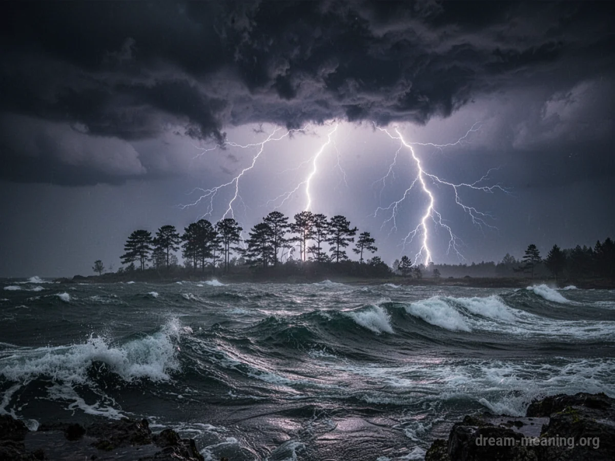 Lightning strikes illuminating a dark, stormy sky over a turbulent sea.