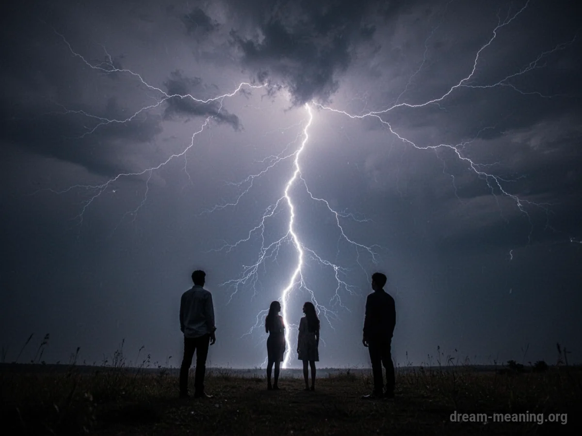 A silhouette of two people with a lightning bolt in the sky between them.