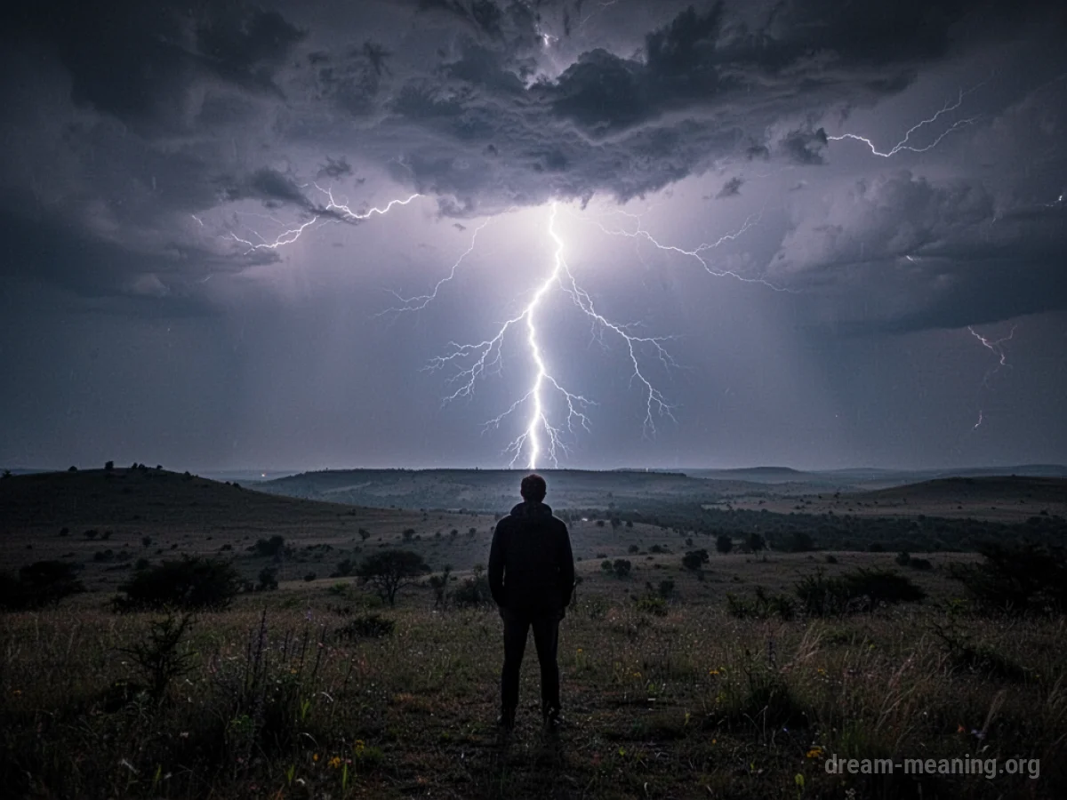 A silhouette of a person watching a lightning strike in the distance across a dark field.