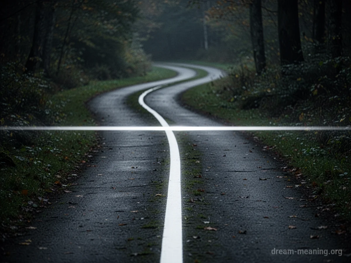 A white line across a path in dim light.