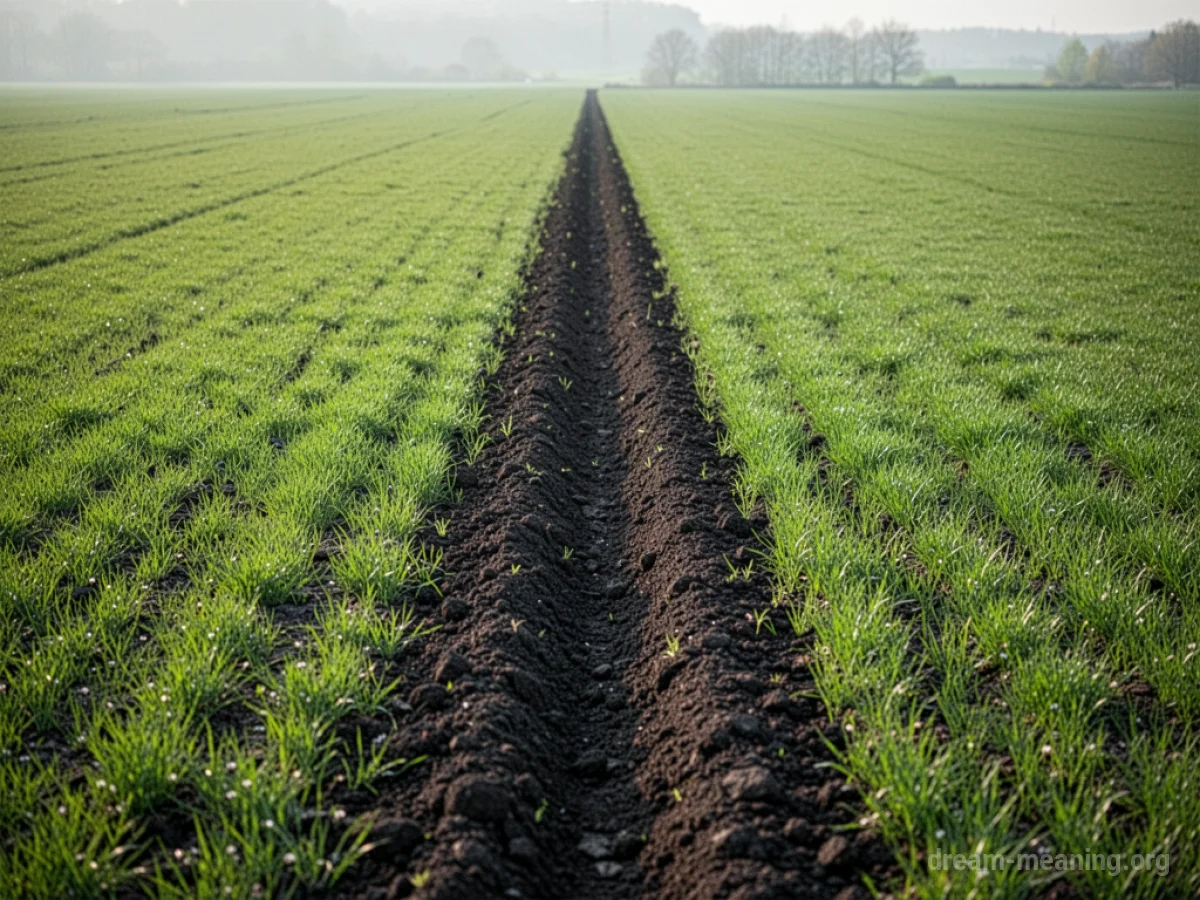 A distinct line of dark dirt dividing a green field.