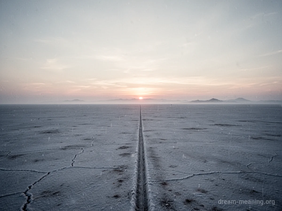 A solitary line extending across a flat, featureless plain towards a bright horizon.
